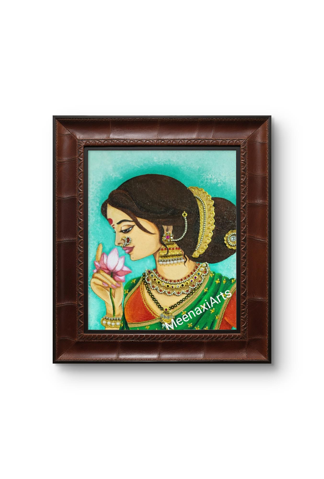 インドの伝統的な手描き絵画 蓮を持つマラーティー語の女性絵画：伝統的なインドの女性アクリル