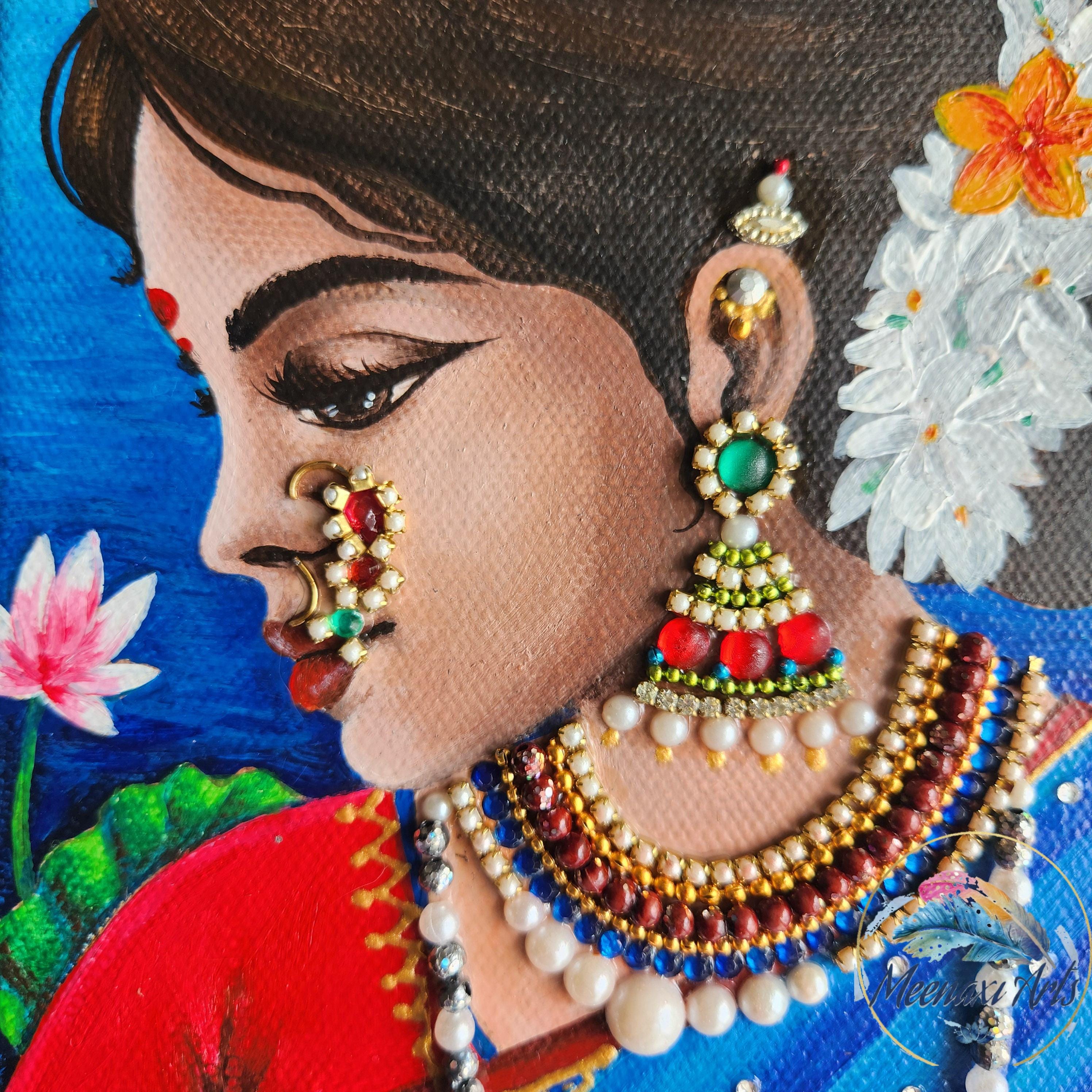 手描きのインド人女性の絵画｜伝統的なマハラシュトラ地方の民族絵画