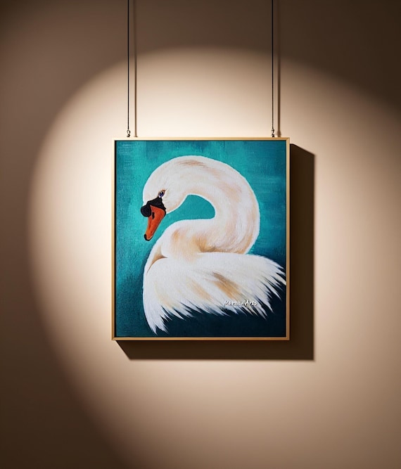 Hand-painted Swan Canvas Art – Teal Bird Painting, Original