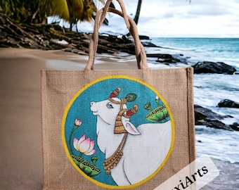 Hand Painted Pichwai Cow Jute Tote: Traditional Indian Art Bag