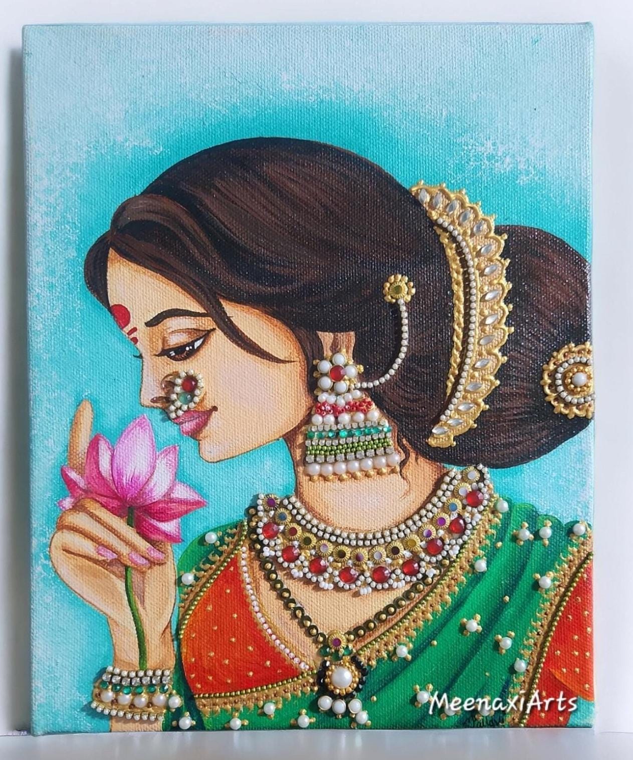 蓮を持つマラーティー語の女性絵画：伝統的なインドの女性アクリル