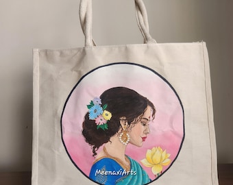 Hand Painted Indian Woman Canvas Tote: Traditional Art Bag