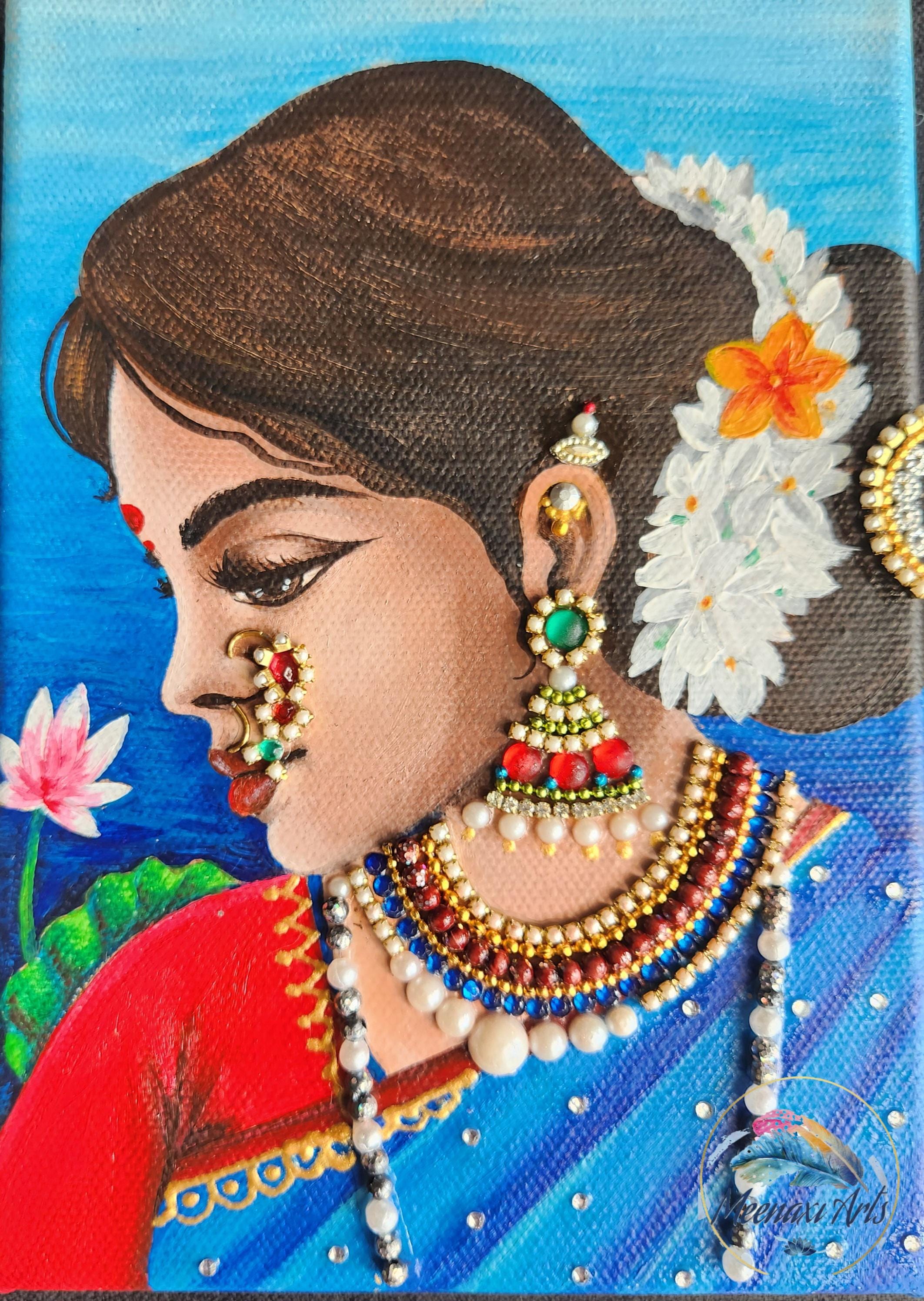 エスニック系　絵画 手描きのインド人女性の絵画｜伝統的なマハラシュトラ地方の民族絵画