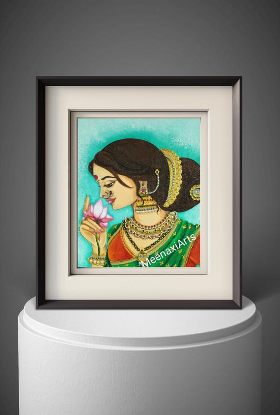 蓮を持つマラーティー語の女性絵画：伝統的なインドの女性アクリル