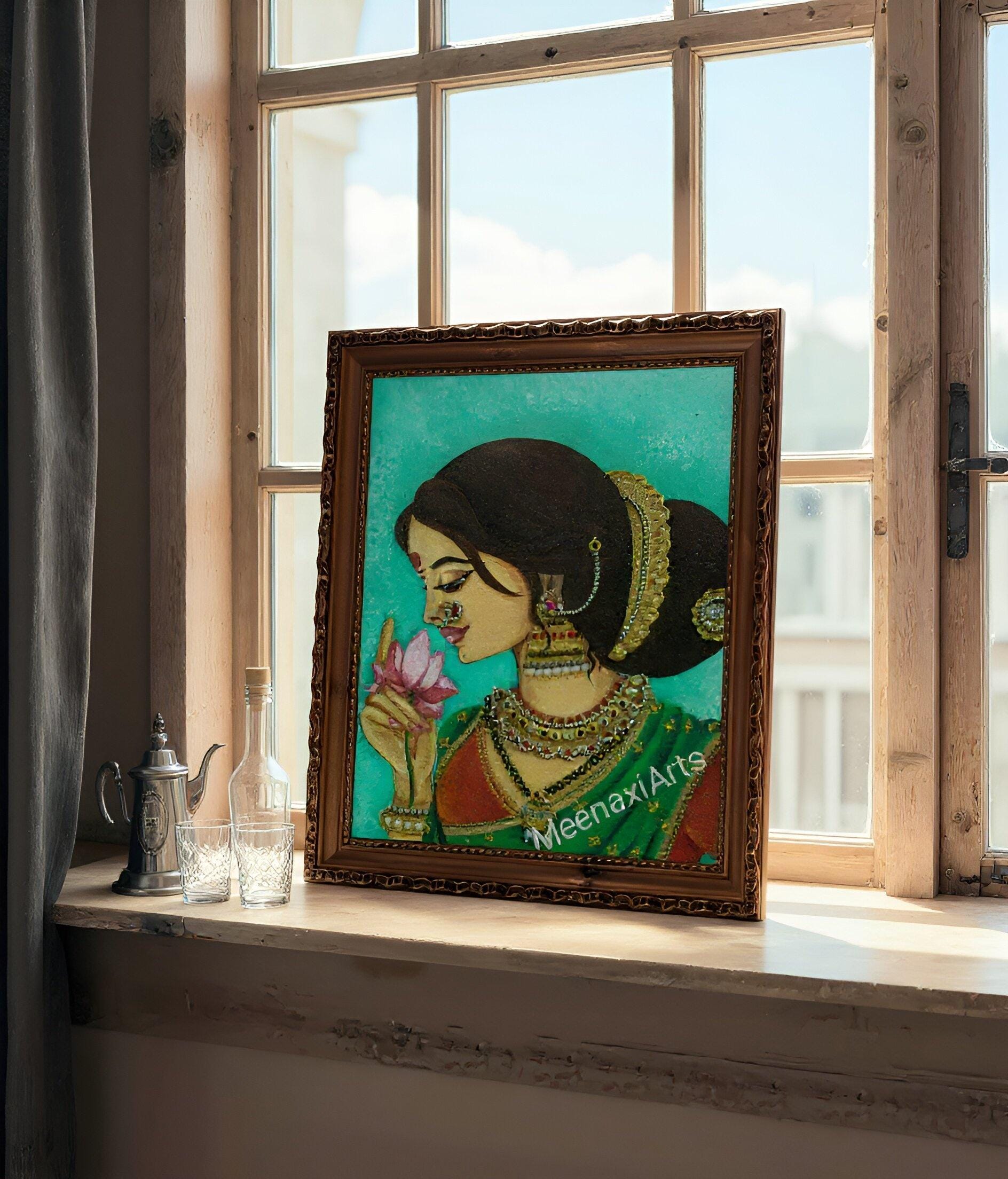 蓮を持つマラーティー語の女性絵画:伝統的なインドの女性アクリル 蓮を持つマラーティー語の女性絵画:伝統的なインドの女性アクリル