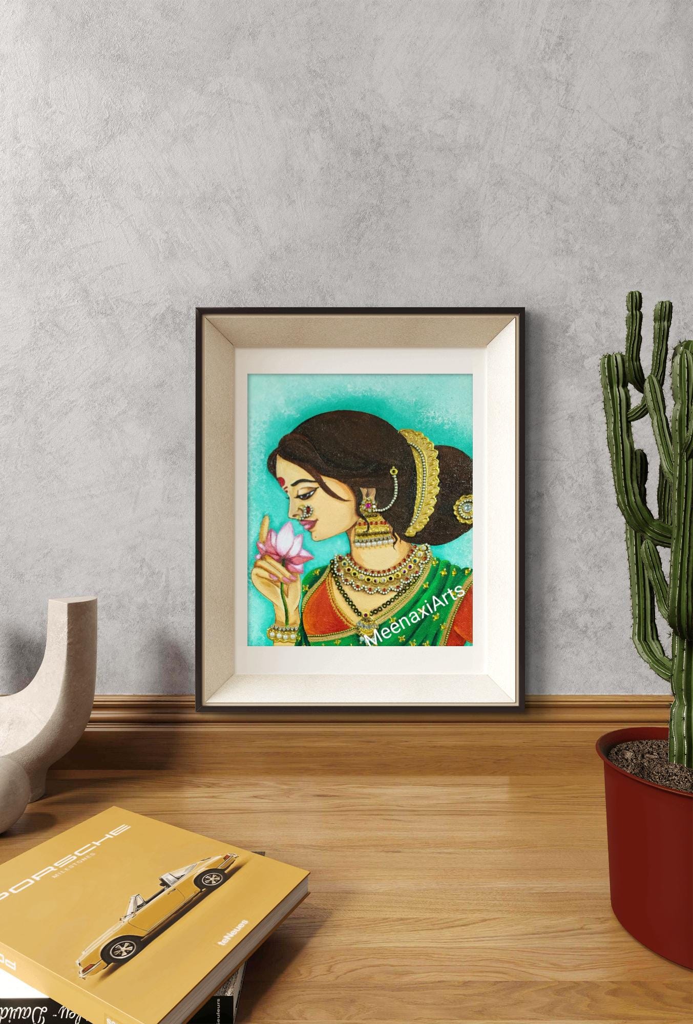 蓮を持つマラーティー語の女性絵画：伝統的なインドの女性アクリル