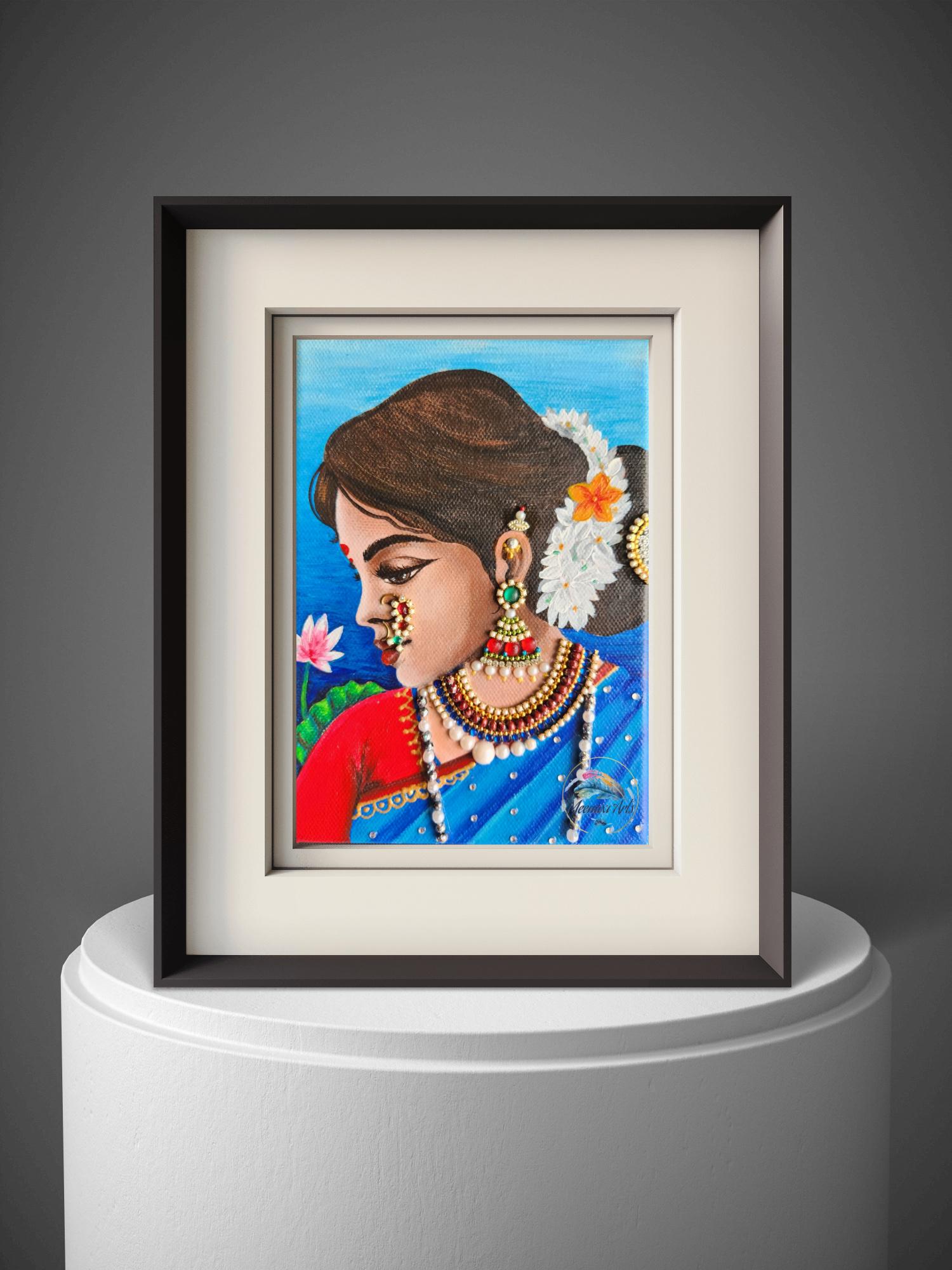 油絵　インドの人々 手描きのインド人女性の絵画｜伝統的なマハラシュトラ地方の民族絵画