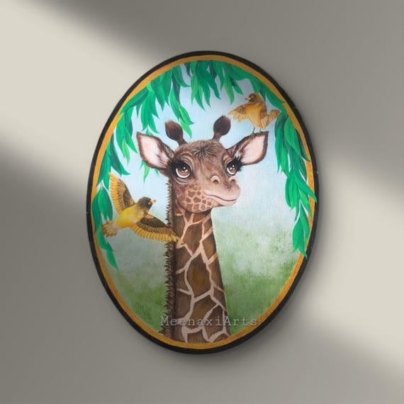 手描きの赤ちゃんキリンのアクリル画：楕円形の野生動物保育園アート 