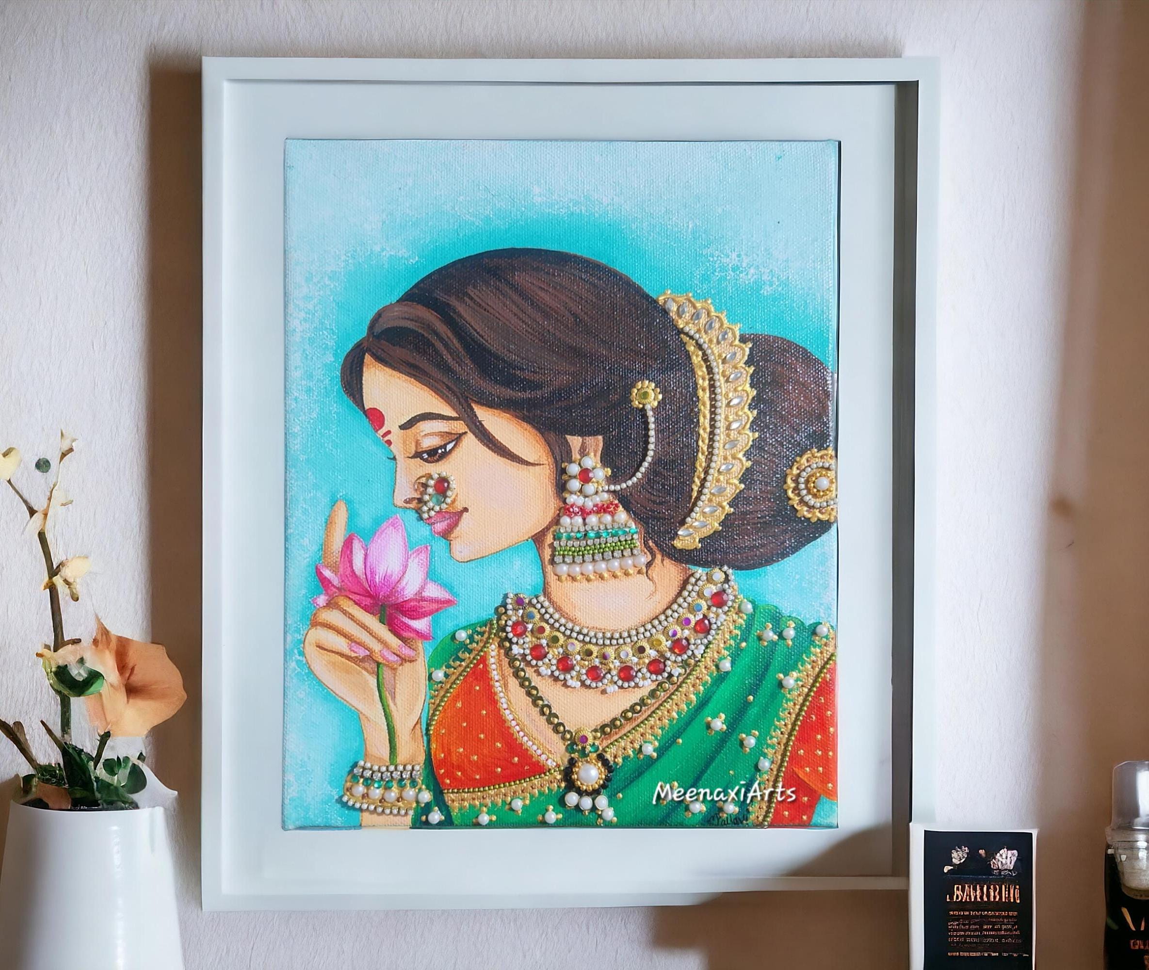 インドの伝統的な手描き絵画 蓮を持つマラーティー語の女性絵画：伝統的なインドの女性アクリル