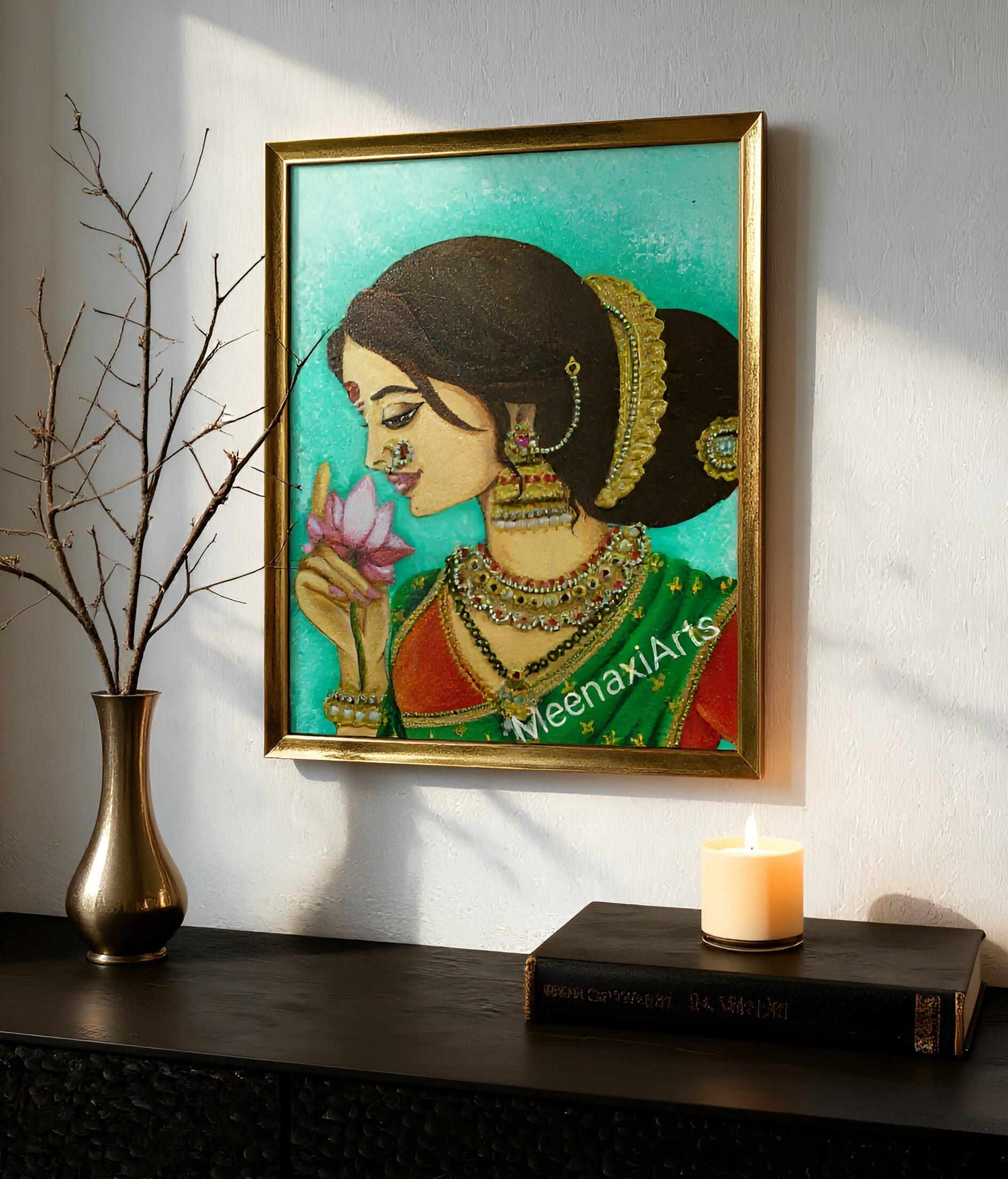 インドの伝統的な手描き絵画 蓮を持つマラーティー語の女性絵画：伝統的なインドの女性アクリル