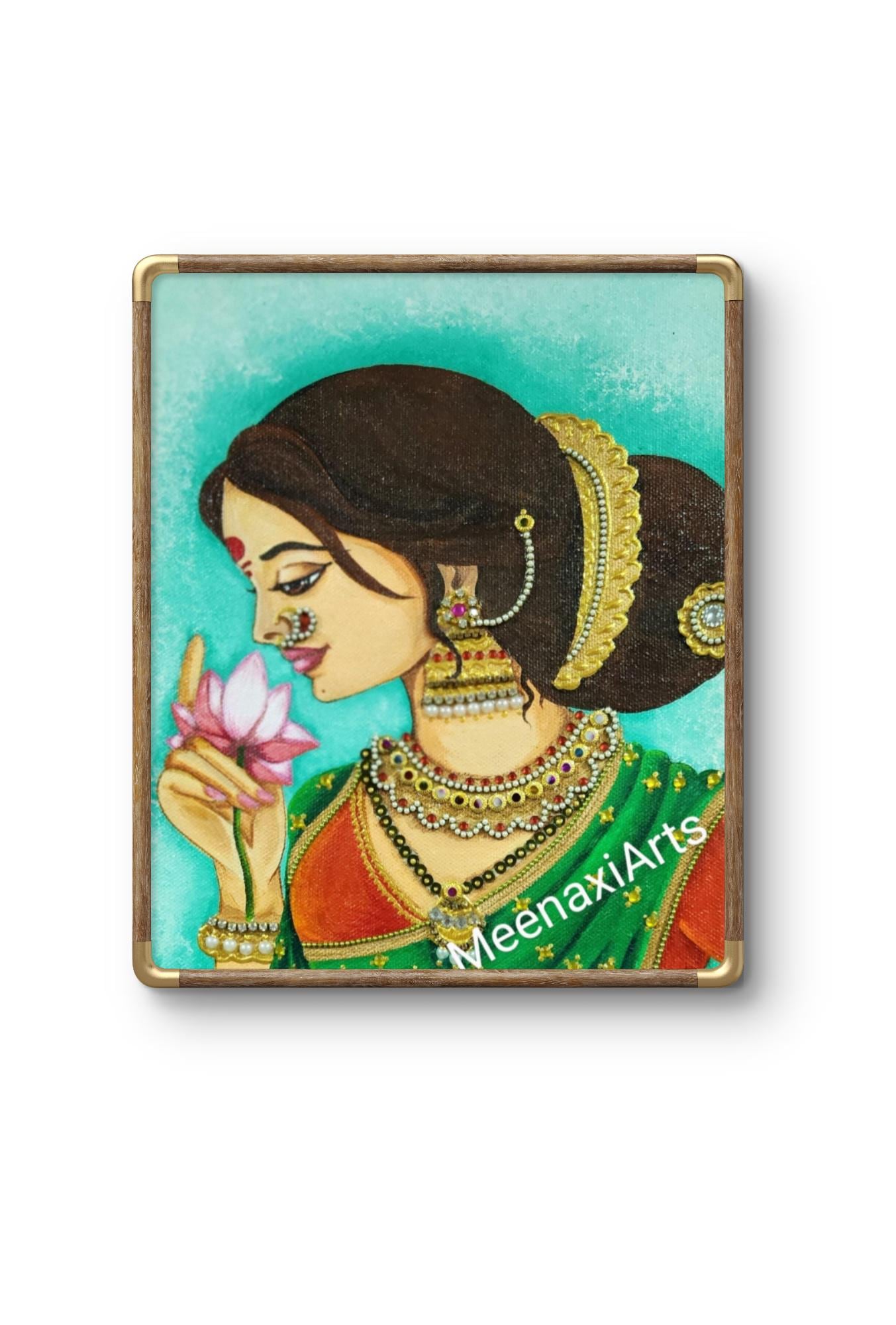 蓮を持つマラーティー語の女性絵画：伝統的なインドの女性アクリル