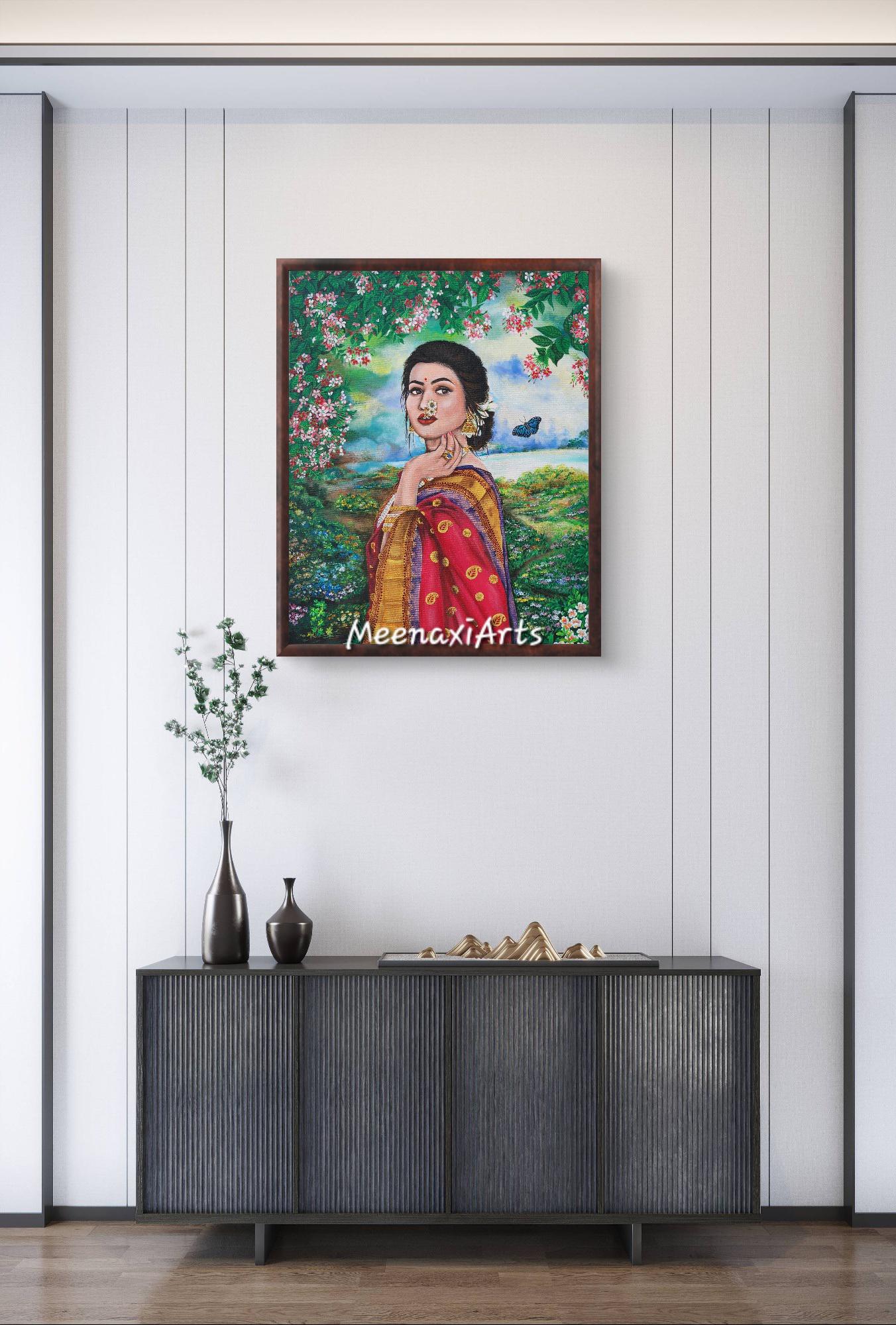Original Indian Woman Portrait Painting, Saree Floral Canvas Wall