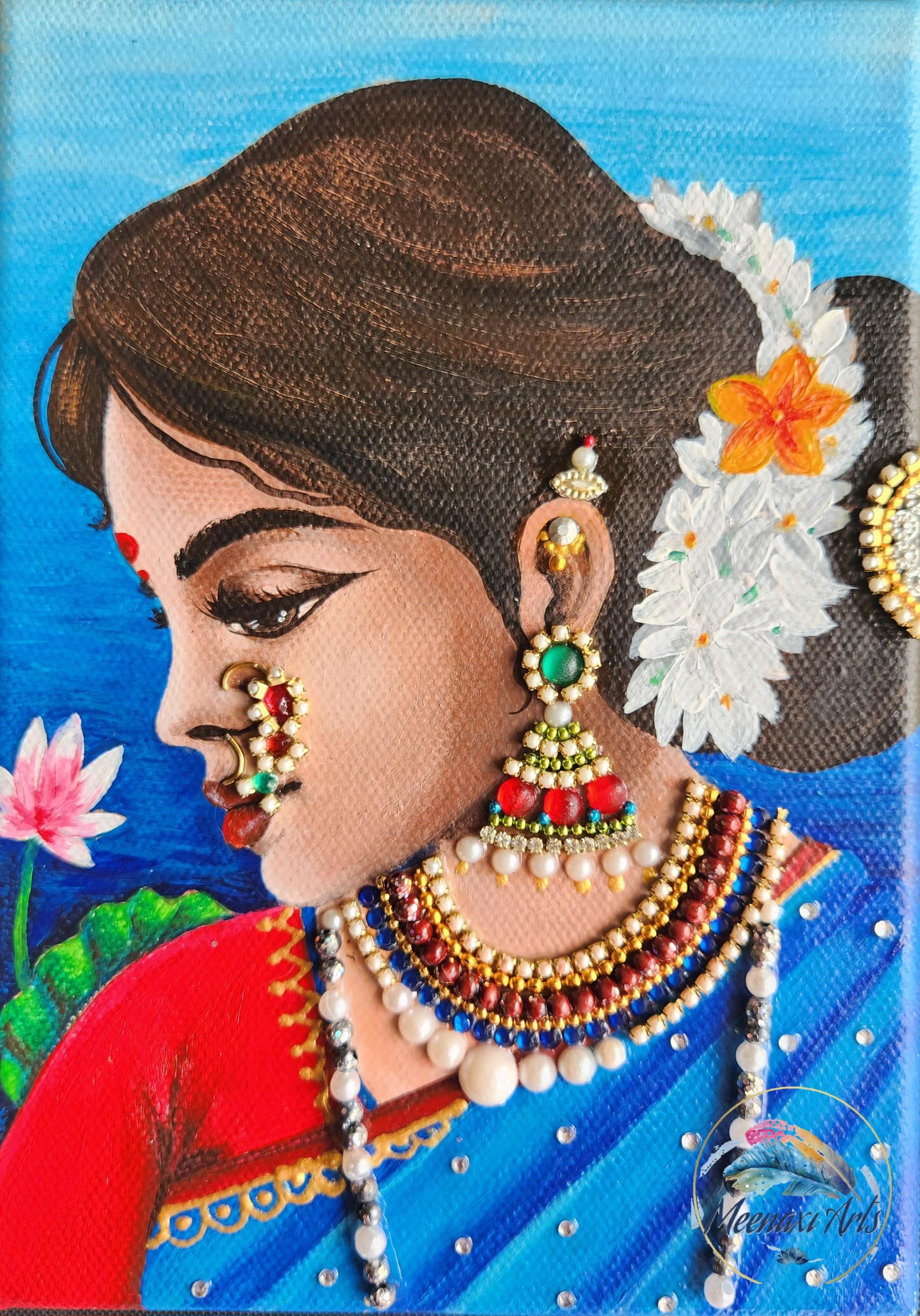 インドの伝統的な手描き絵画 手描きのインド人女性の絵画｜伝統的なマハラシュトラ地方の民族絵画