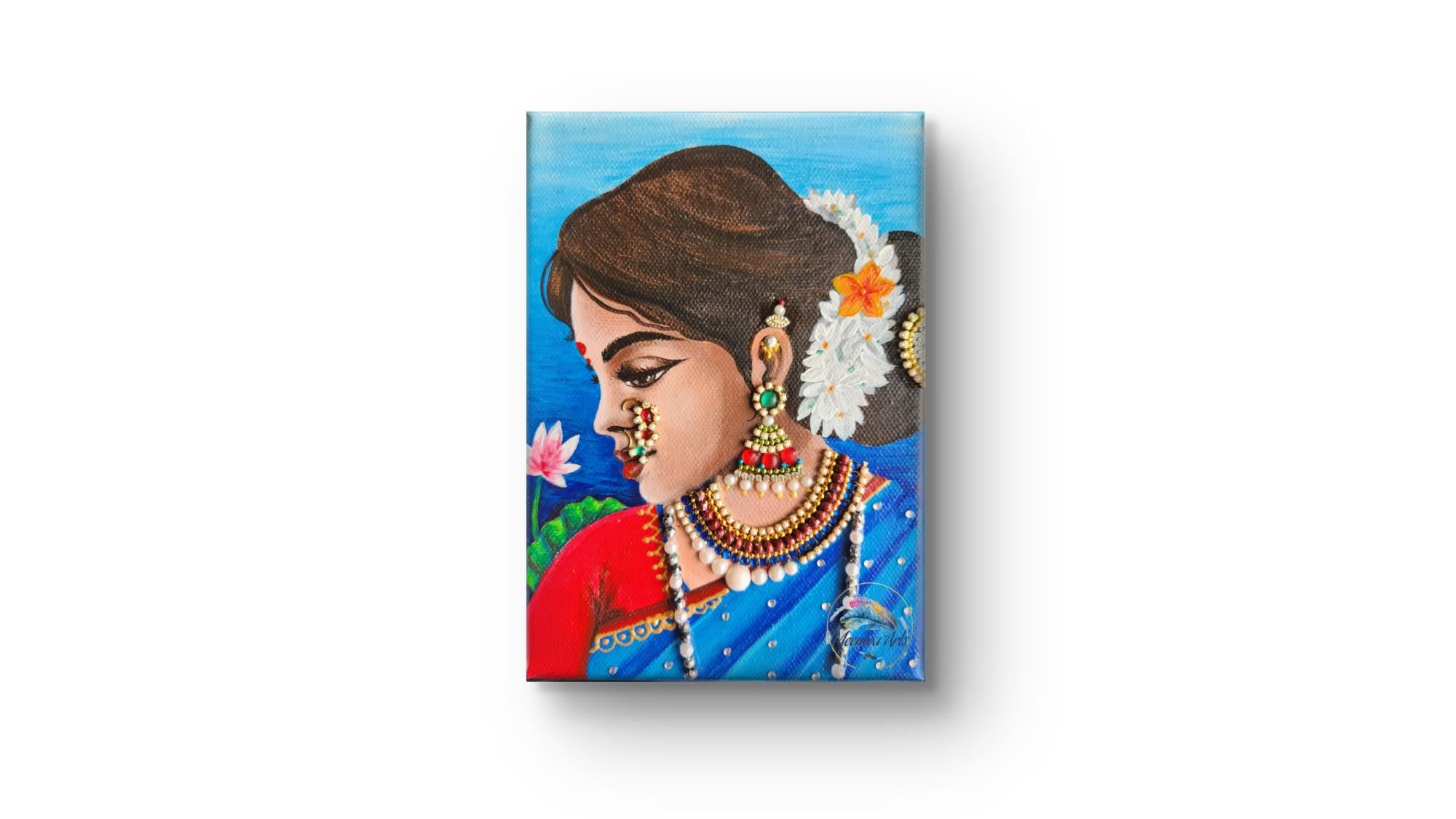 手描きのインド人女性の絵画｜伝統的なマハラシュトラ地方の民族絵画