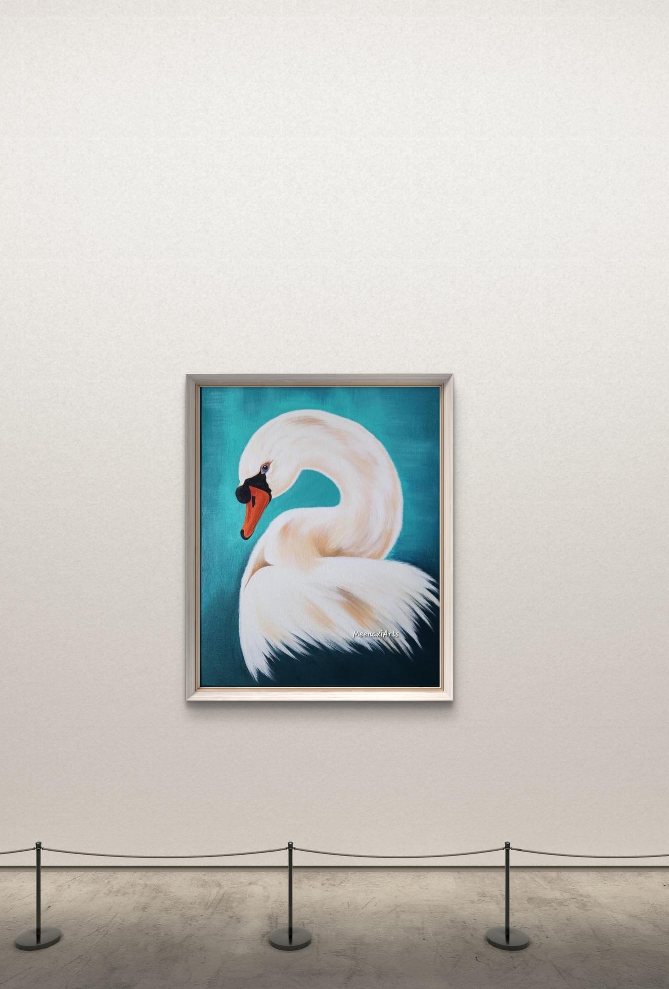 Hand-painted Swan Canvas Art – Teal Bird Painting, Original