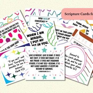 May include: Colorful scripture cards for kids with bright, bold designs and inspirational quotes. The cards feature verses like "Love is patient, love is kind" and "Commit to the Lord whatever you do".