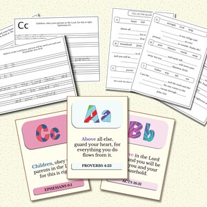 Paquete de memorización de las Escrituras ABC: tarjetas de memoria de versículos bíblicos, copias de rastreo de cartas para la educación en el hogar y la escuela dominical