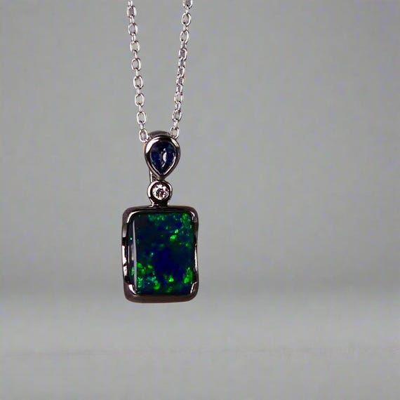Beautiful Australian Black Opal Pendant: 18k White Gold, Diamond