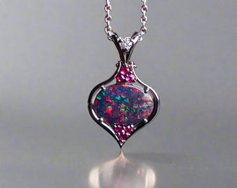 Rare Australian Black Opal Pendant: 18k White Gold, Diamond & Ruby Accent