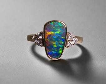 Rare Australian Boulder Opal Ring with Diamonds - Handcrafted Elegance