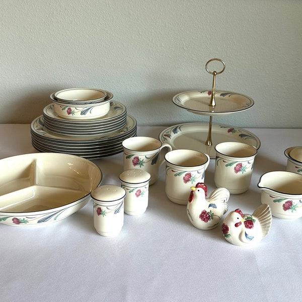 Lenox Poppies on Blue Chinastone Dishes - Plates, Bowls, 2 Tier Serving Tray, 3-part divided bowl, Sugar bowl, Creamer, Salt & Pepper, Mugs