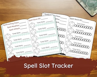 May include: A black and white printable spell slot tracker for Dungeons and Dragons role-playing games. The tracker features a series of dice with spaces to track spell slots.