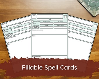 DnD Spell Cards - Dungeons and Dragons 5e DM Accesorios - Descarga digital rellenable e imprimible PDF