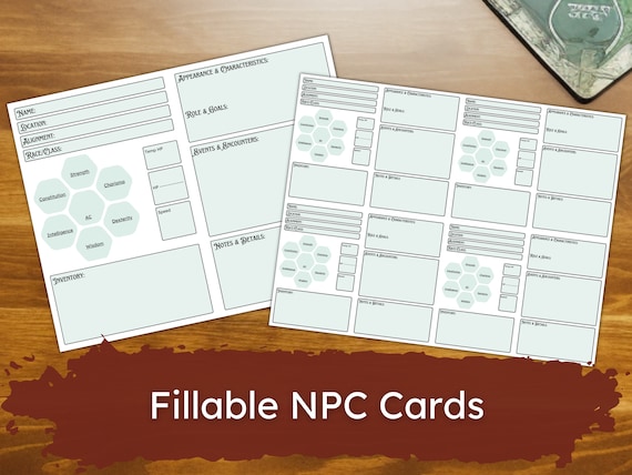 D&amp;D Monster NPC Stat Cards Printable Fillable PDF Dungeons