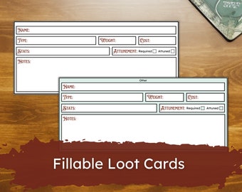 Fillable DND Loot Cards - Dungeons & Dragons Digital Download for DMs - Dungeon Master Accessories