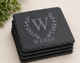Personalisierte gravierte Schiefer Untersetzer Set | Benutzerdefinierte Monogramm Getränke Untersetzer | Einweihungsparty Geschenk | Rustikale Untersetzer Stein | Hochzeitsgeschenk