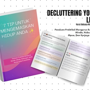 May include: A book titled 7 TIP UNTUK MENGEMASKAN HIDUP ANDA with a gradient cover in teal, orange, and purple, displayed next to an open book showing interior pages with text in Malay, including headings like MENGEMASKAN RUANG KERJA ANDA and MENGEMASKAN MINDA.