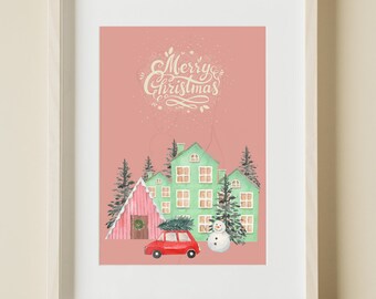 Christmas Village Art Print, Pink Christmas Decor, Holiday Decor, Holiday Digital Print, Merry Christmas Print