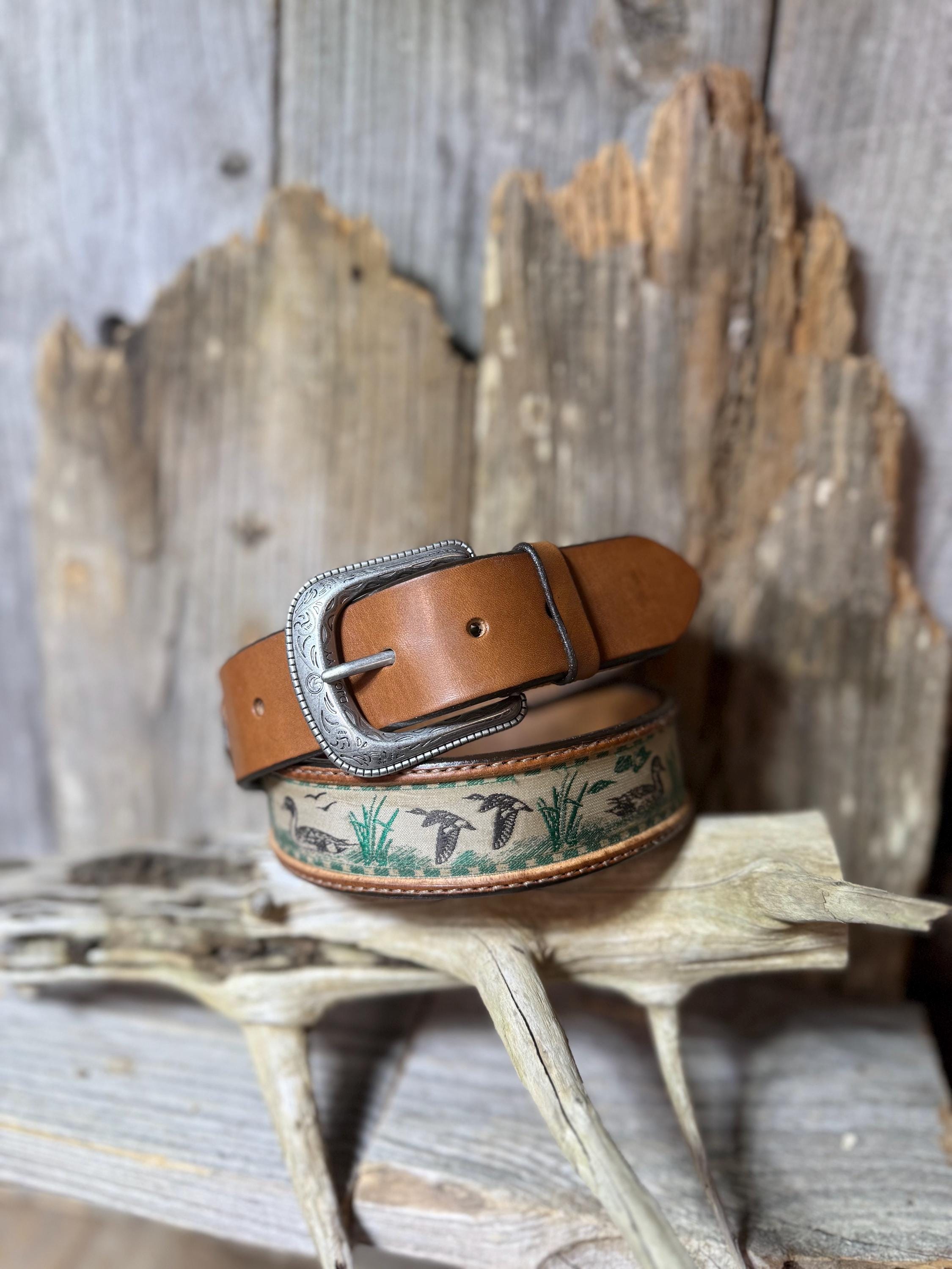 Vintage Mallard water fowl leather belt with metal buckle. Waist 30 - 25” Duck Hunting Belt main image 4