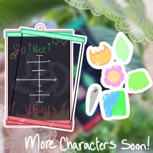 May include: A rectangular black board with a hanging mechanism, featuring a vertical scale labeled Nice at the top and Evil at the bottom, accompanied by six colorful, hand-drawn style stickers including a flower, leaf, and abstract shapes.