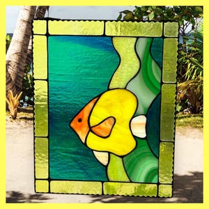 Stained Glass Yellow Tropical Angel Fish Ocean Scene Handcrafted