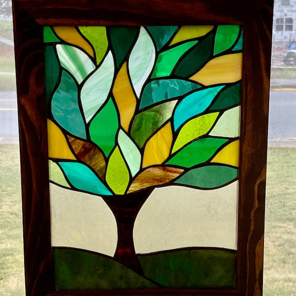 Stained Glass Tree Window custom wood framed stain glass