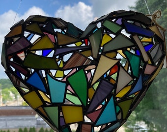 3D Stained Glass Heart Sculpture beach glass suncatcher USA handcrafted