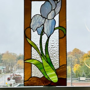 Stained Glass Iridescent Blue Iris Window Panel handcrafted usa