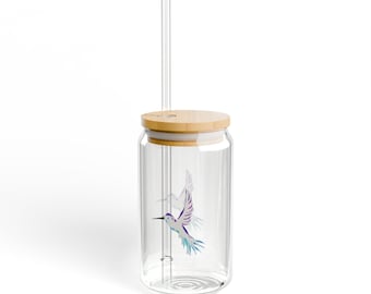 Colorful original hummingbird design Sipper Glass w/lid, 16oz - Reusable Straw cup, Eco-Friendly Drinkware, Home Decor, Gifts