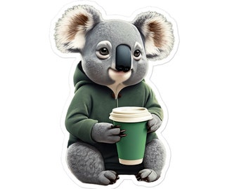 Vinyl Sticker - Café Critters : Waking Life - koala drinking coffee/tea