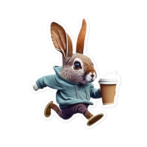 May include: A brown rabbit wearing a blue hoodie and jeans is running while holding a brown paper cup with a white lid.