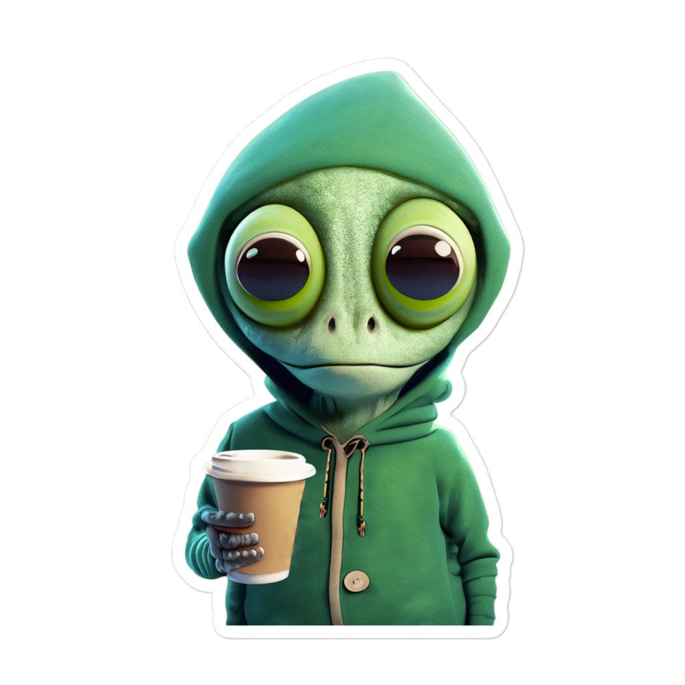 Naklejka winylowa - Café Critters : Alien Brew V02 - kosmita w zielonej bluzie z kapturem pijący kawę/herbatę