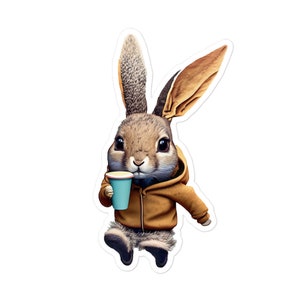Vinyl Sticker - Café Critters : Jacked on Java (V02) - jackrabbit drinking coffee