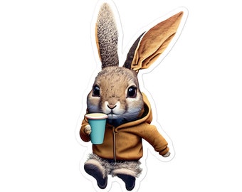 Naklejka winylowa - Café Critters : Jacked on Java (V02) - jackrabbit pijący kawę