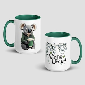 Café Critters : Waking Life - koala in green hoodie drinking coffee/tea mug (GREEN)