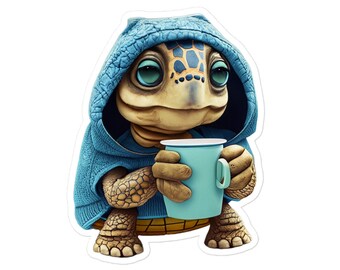 Vinyl Sticker - Café Critters : Savoring a SLOW Brew (V02) - tortoise / turtle drinking coffee/tea