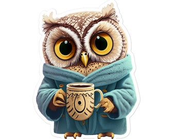 Vinyl Sticker - Café Critters : Night Shift Nectar - owl drinking coffee/tea
