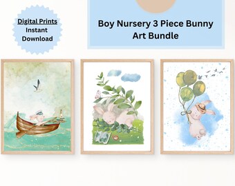 BOHO BUNNY ART, Boho Nursery Decor, 3 Piece Digital Art Prints, Bunny Art Printable, Boy Nursery Decor, Watercolor Prints, Boy Room Decor