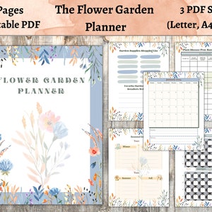 May include: A printable flower garden planner with 76 pages. The planner includes a floral design with blue, pink, and orange flowers. The planner is available in three sizes: Letter, A4, and A5.