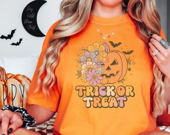 Comfort Colors® Retro Niedlich Herbst Spooky Halloween Kürbis Jack-O-Lantern Floral Botanisch Vintage Groovy Süßes oder Saures Unisex T-Shirt Tee